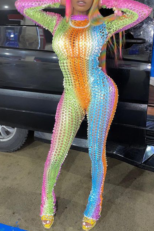 Colour Sexy Patchwork Hollowed Out O Neck Skinny Jumpsuits