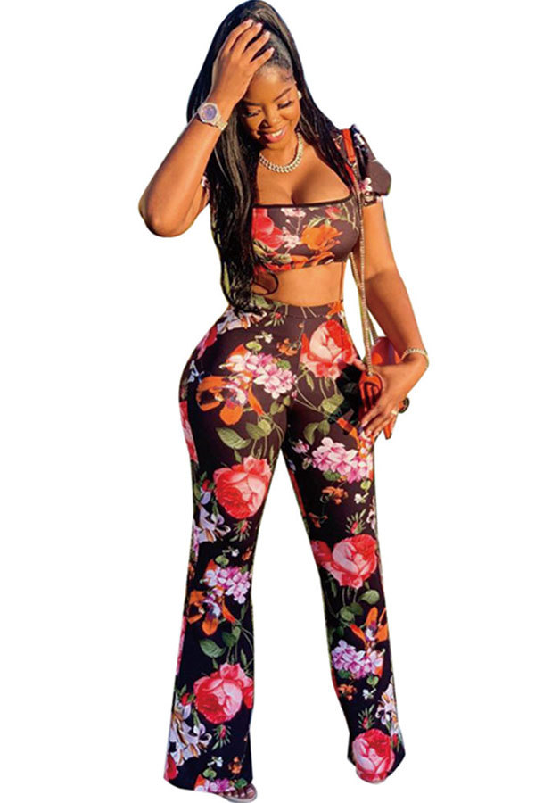 Black Fashion Sexy Patchwork asymmetrical Print Loose Two-piece Pants Set