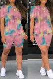 Pink Casual Patchwork Tie-dye O Neck Short Sleeve Two Pieces