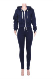 Navy Blue Fashion Casual Solid Basic Hooded Collar Long Sleeve Two Pieces
