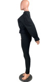 Black Fashion Casual Adult Twilled Satin Solid Patchwork O Neck Long Sleeve Regular Sleeve Regular Two Pieces