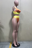 Yellow Fashion Sexy Print Cardigan Swimwears Three-piece Set
