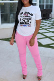White Fashion Casual Print Basic O Neck T-Shirts