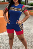 Red Polyester Casual Leopard Patchwork Straight Short Sleeve Two Pieces