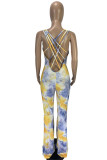 Multicolor Sexy Casual Print Tie Dye Backless U Neck Regular Jumpsuits