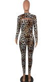 Leopard print Sexy Patchwork Leopard grain Long Sleeve O Neck Jumpsuits