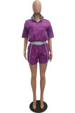 purple Polyester Sexy Fashion Fluorescent Patchwork Loose Two-Piece Short Set