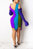 Deep Blue Fashion Sexy Patchwork Hollowed Out Strap Design Asymmetrical O Neck Long Sleeve Dress