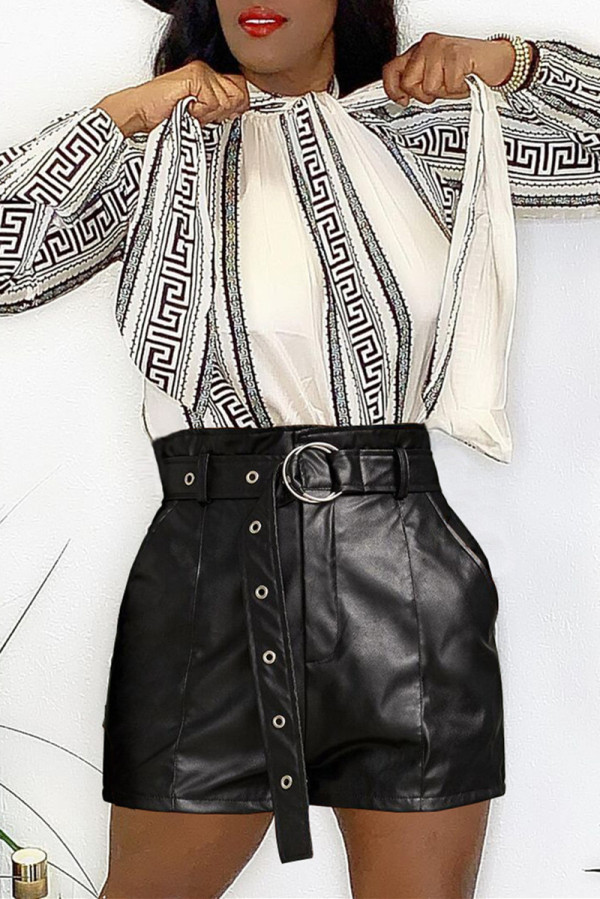 Black Fashion Casual Solid With Belt Regular Mid Waist Shorts