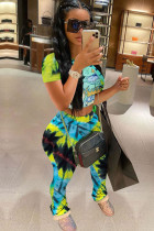 Green Polyester Fashion adult Ma'am Street Patchwork Print Tie Dye Draped Two Piece Suits pencil Short Sleeve Two Pieces