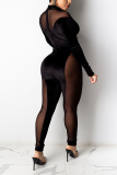 Black Sexy Patchwork Mesh O Neck Skinny Jumpsuits