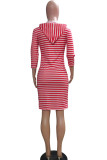Red Polyester Fashion Casual adult Ma'am Red Black Pink Yellow Cap Sleeve 3/4 Length Sleeves Hooded Step Skirt Knee-Length Striped Dresses