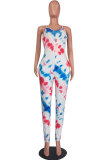 Blue Fashion Sexy Print Patchwork Tie-dyed Sleeveless V Neck Jumpsuits