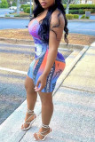 Blue Fashion Sexy Print Backless Strapless Skinny Romper