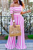 Pink Fashion Casual Striped Print Basic Oblique Collar Short Sleeve Two Pieces