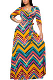 Stripe Fashion Sexy Adult Polyester Print Split Joint V Neck Nine Points Sleeve Floor Length Printed Dress Dresses