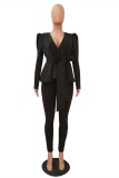 Black Polyester Celebrities Fashion adult Stringy selvedge Patchwork Two Piece Suits ruffle Solid pencil L