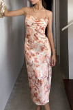 Purple Print Backless High Opening Spaghetti Strap Straight Dresses