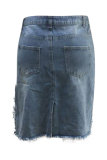 Light Blue Denim Button Fly Sleeveless Mid Patchwork Solid Asymmetrical Old Hip skirt Capris Bottoms