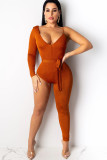 Orange Sexy Solid bandage Long Sleeve V Neck Jumpsuits
