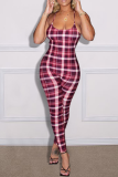 Pink Casual Plaid Draw String Spaghetti Strap Skinny Jumpsuits