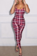 Pink Casual Plaid Draw String Spaghetti Strap Skinny Jumpsuits