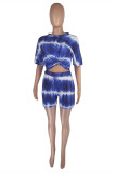 Deep Blue Fashion Casual Print Basic O Neck Short Sleeve Two Pieces