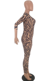 Brown Sexy Leopard Patchwork V Neck Skinny Jumpsuits