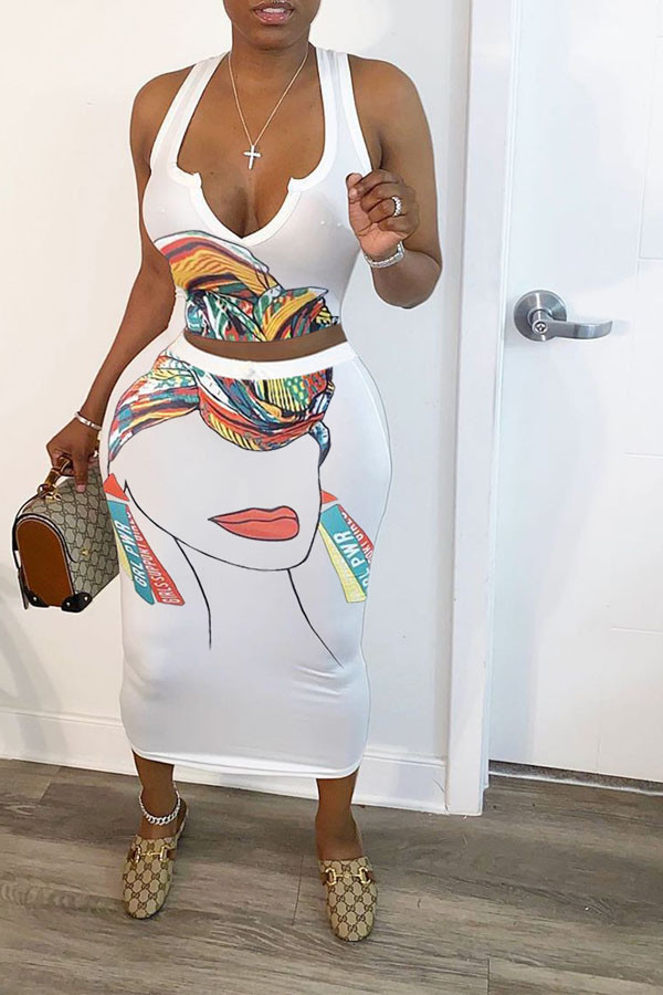 White Blends Sexy Print Skinny Sleeveless Two Pieces