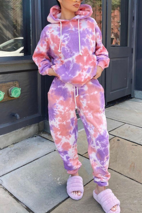 Pink Fashion Street Adult Print Tie-dye Hooded Collar Long Sleeve Regular Sleeve Regular Two Pieces