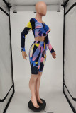Multicolor Living Geometric Print O Neck Long Sleeve Two Pieces