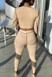 Apricot Sportswear Solid Hollowed Out O Neck Long Sleeve Two Pieces