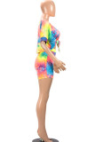 Blue Fashion Sexy Tie Dye Two Piece Suits pencil Short Sleeve Two Pieces