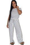 White Fashion Casual adult Ma'am Striped Print Two Piece Suits Loose Short Sleeve Two Pieces