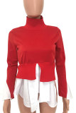 Red O Neck Long Sleeve asymmetrical Patchwork Sweaters & Cardigans