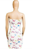 White Fashion Sexy Butterfly Print Backless Strapless Dress