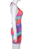 Multi-color Sexy Print Backless Fold Asymmetrical Spaghetti Strap Mini Dress Dresses