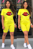 Yellow Fashion Casual adult Ma'am Print Two Piece Suits Lips Print Straight Short Sleeve Two Pieces