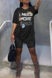 Grey Casual Print Patchwork O Neck Short Sleeve Two Pieces