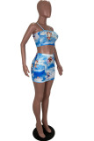 Blue Milk Silk Casual Print Hip skirt Sleeveless Two Pieces