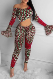Purple Sexy Leopard Split Joint One Shoulder Long Sleeve Two Pieces