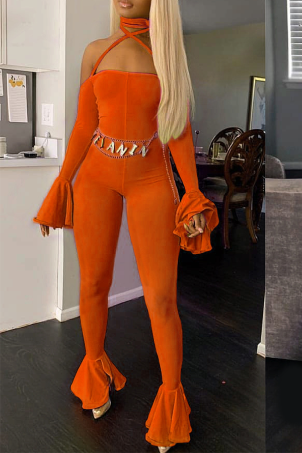 Orange Sexy Fashion stringy selvedge Backless bandage Solid Draped Long Sleeve Hanging neck 