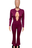 fuchsia British Style Polyester Print Solid O Neck Skinny Jumpsuits