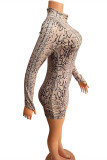 Coffee Fashion Sexy Print Basic Turtleneck Long Sleeve Dresses