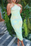 Light Green Fashion Sexy Print Tie Dye Backless Fold Halter Sleeveless Dress