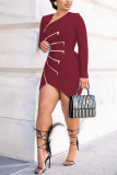 Red Sexy Solid Patchwork Zipper Collar Irregular Dress Dresses