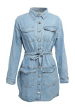 Blue Fashion Casual Solid Basic Turndown Collar Denim Dress
