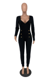 Black Sexy Solid Patchwork V Neck Skinny Jumpsuits
