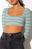 multicolor Square Collar Long Sleeve Striped Tops