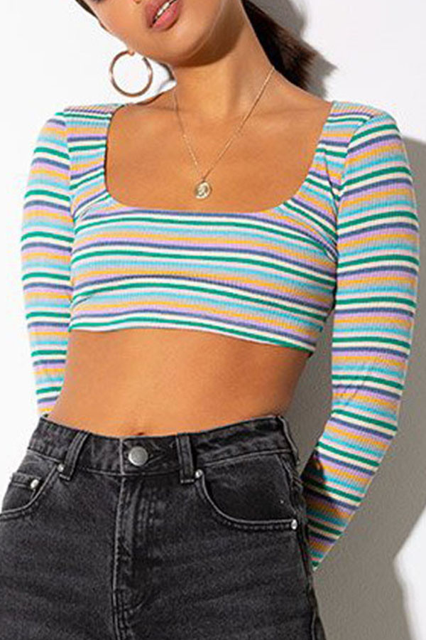 multicolor Square Collar Long Sleeve Striped Tops
